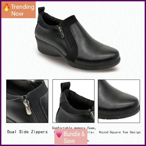 Women's Black Ankle Boots Dual Zippers Comfort Work Casual Shoes - Picture 4 of 8